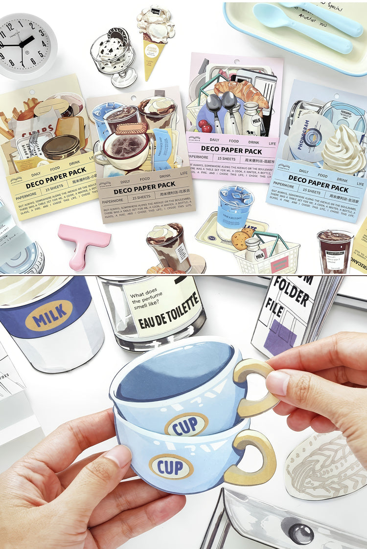 Assorted pastel stationery packs with dessert and coffee designs plus blue ceramicstyle cupshaped paper cutouts