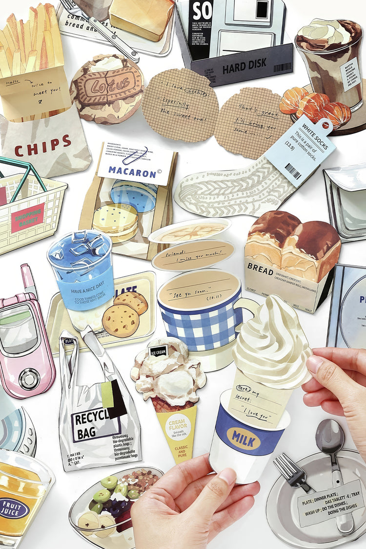 Assorted foodthemed stickers including milkshakes bread fries macarons and chips with vibrant detailed designs