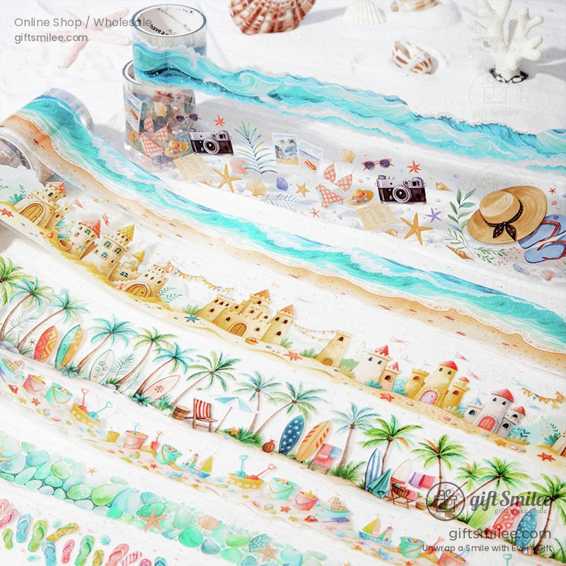 A washi tape set featuring a vivid beach illustration with a girl holding flowers by the seaside, surrounded by tropical trees and shells.