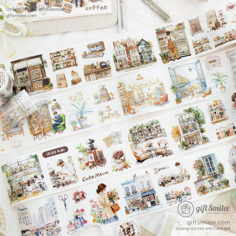 Close-up of vintage-inspired washi tape rolls featuring floral, coffee shop, and retro market designs
