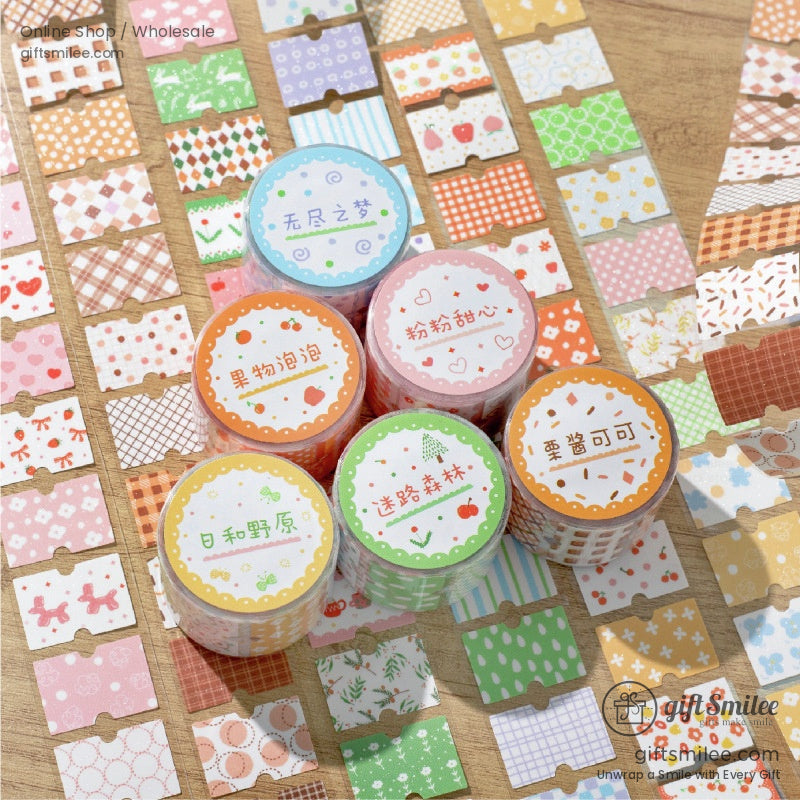 A variety of colorful washi tape patterns neatly displayed on a wooden surface, perfect for journaling or crafting