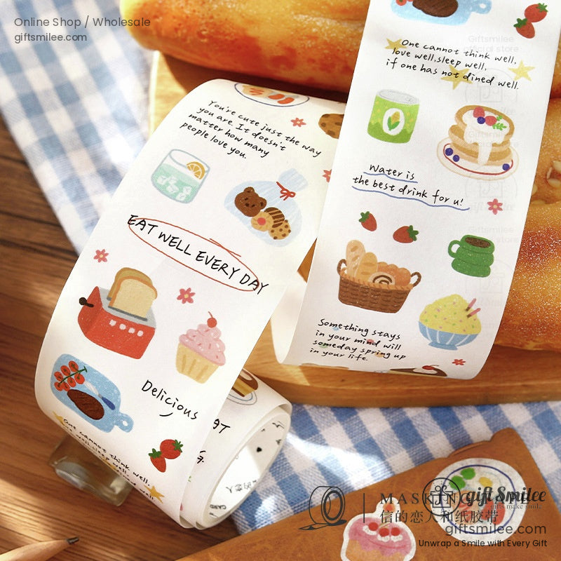 White decorative masking tape with colorful food illustrations including pancakes toast cupcakes and fruit accents