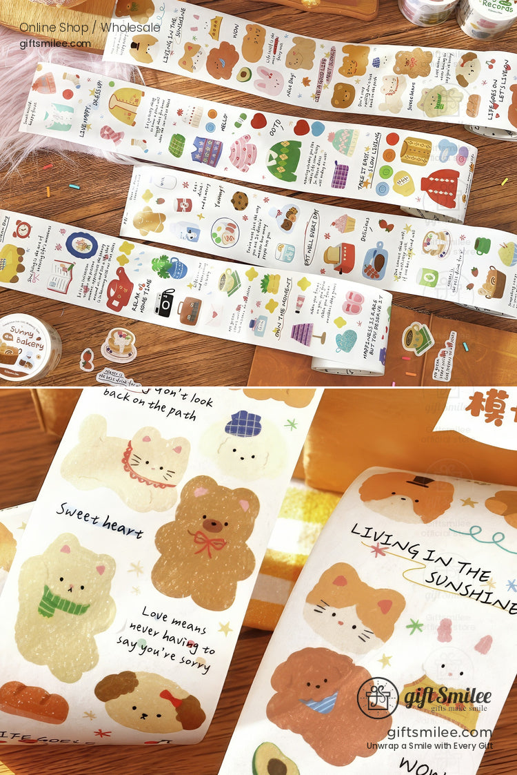 Colorful illustrated washi tape rolls with cute animal designs inspirational text and pastel accents on a wooden surface