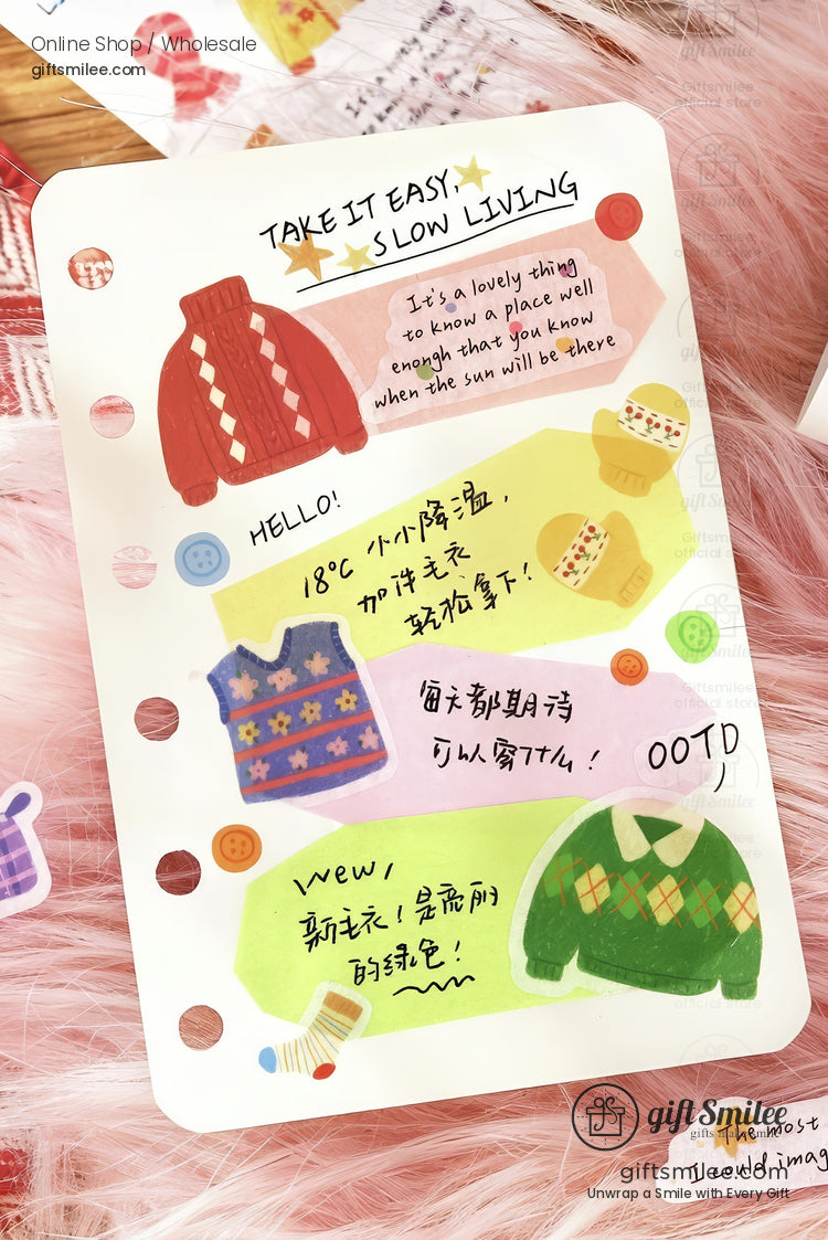 Cute stationery card with colorful sweater and vest illustrations handwritten notes and playful graphics on a pink background