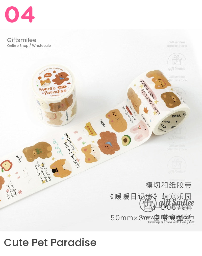 White masking tape roll with colorful animal illustrations including bears cats and avocado designs 50mm x 3m