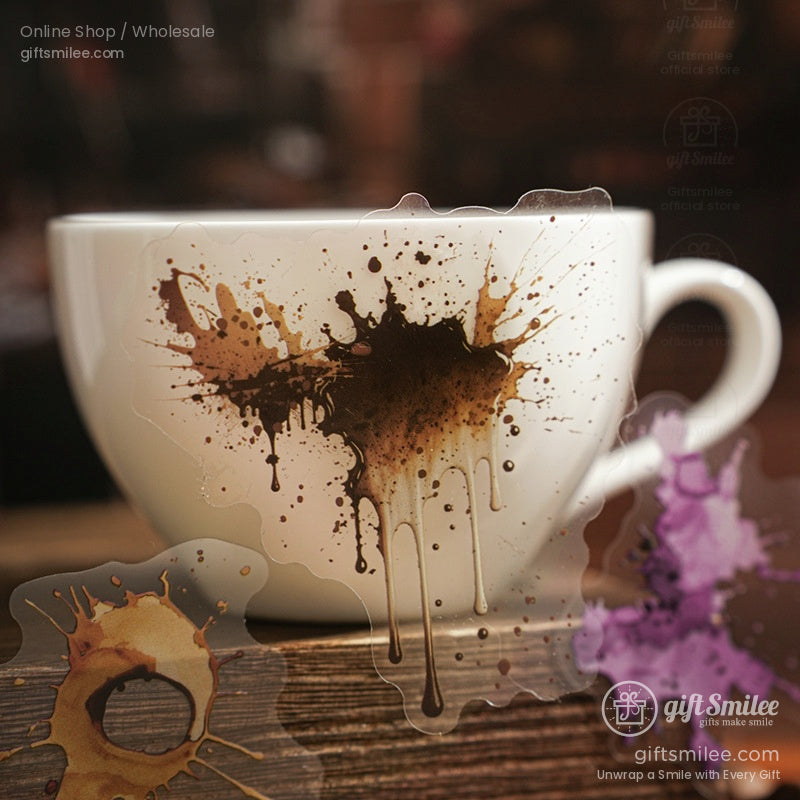 Six artistic coffee cup stickers with various vibrant designs on a rustic wooden table.