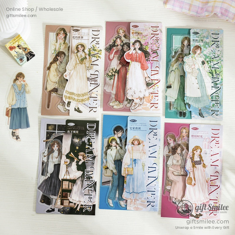 Assorted vintage-inspired girl stickers displayed in elegant, dreamy packaging