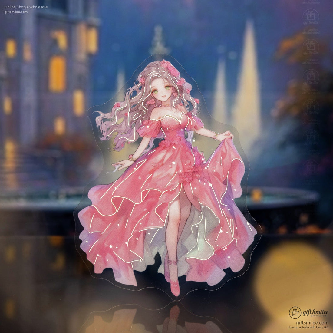 A close-up of a pink fairy princess vinyl sticker with elegant flowing dress details.