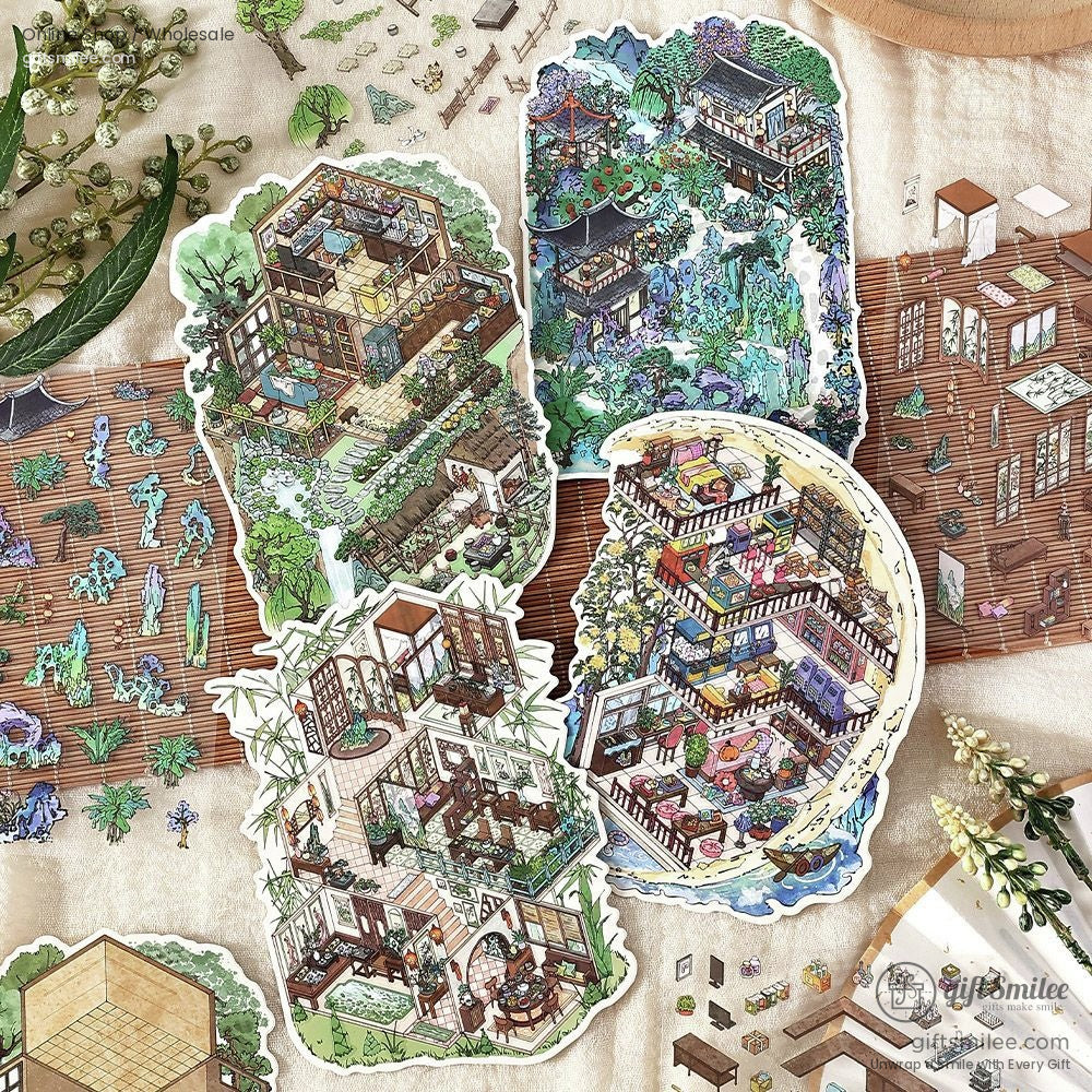 Intricate handmade sticker featuring a Japanese-style garden scene with lush greenery and traditional architecture.
