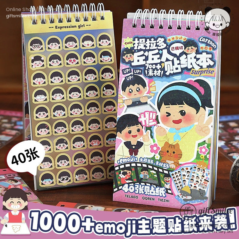 Spiral-bound emoji-themed sticker book with over 1000 cute cartoon stickers for journaling and DIY crafts.