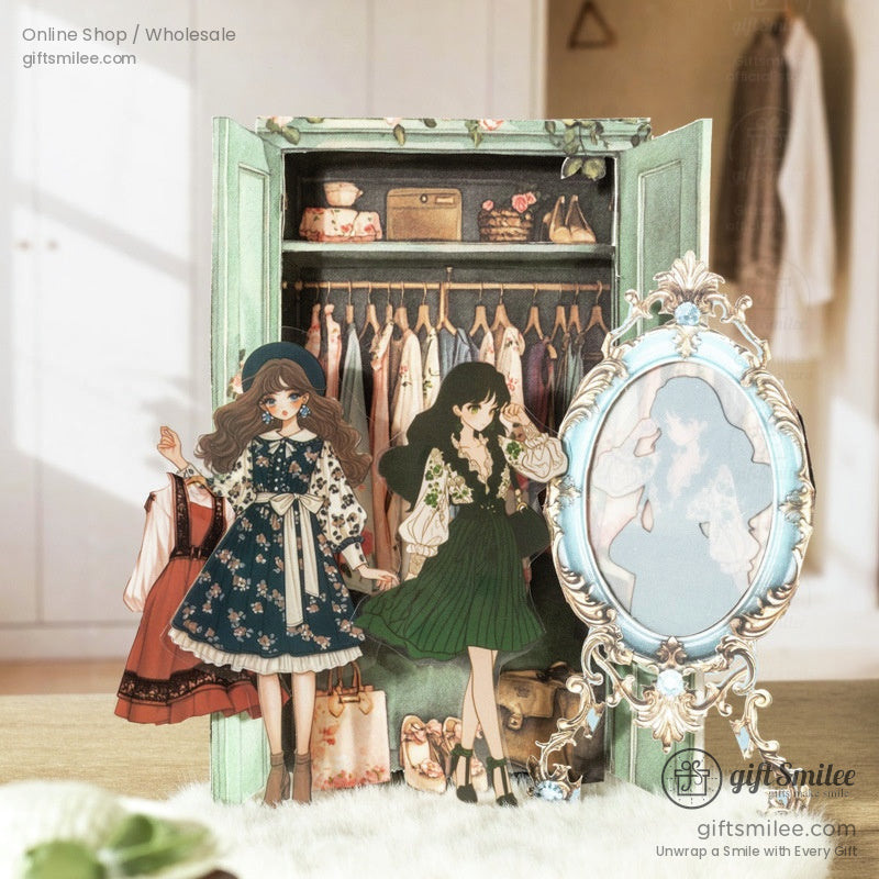 Two stylish girls in vintage-inspired outfits standing in front of a beautifully illustrated wardrobe