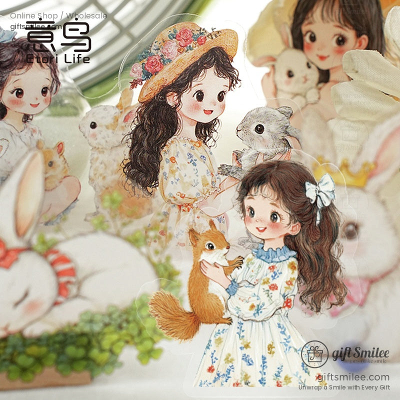 Young girl in floral dress holding a squirrel with bunnies and animals nearby