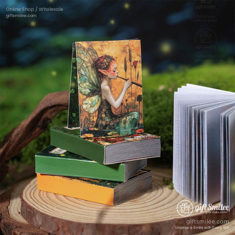 Fairy tale mini notebook with a whimsical fairy illustration, displayed on wooden slices amidst a forest-themed background
