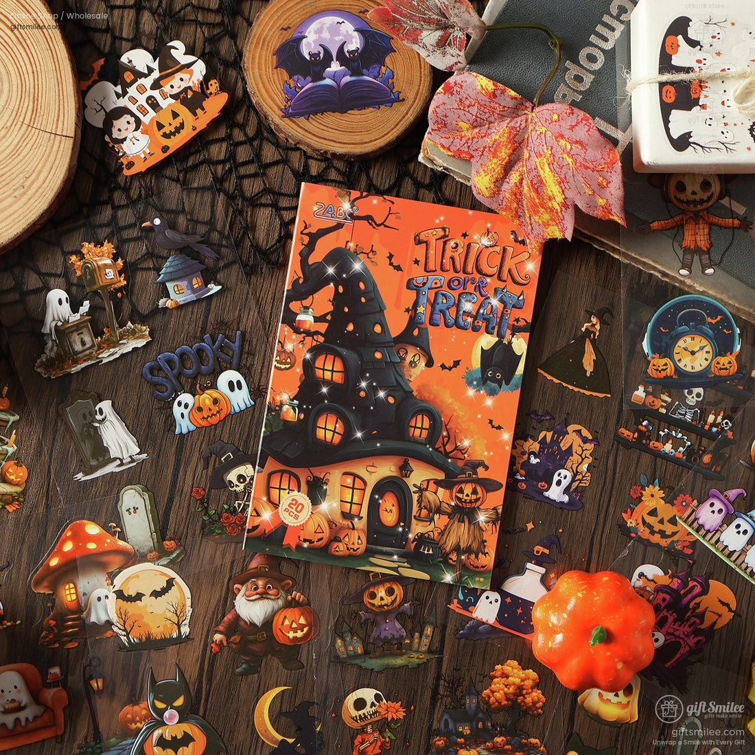 Happy Halloween sticker pack with haunted house and ghost illustrations