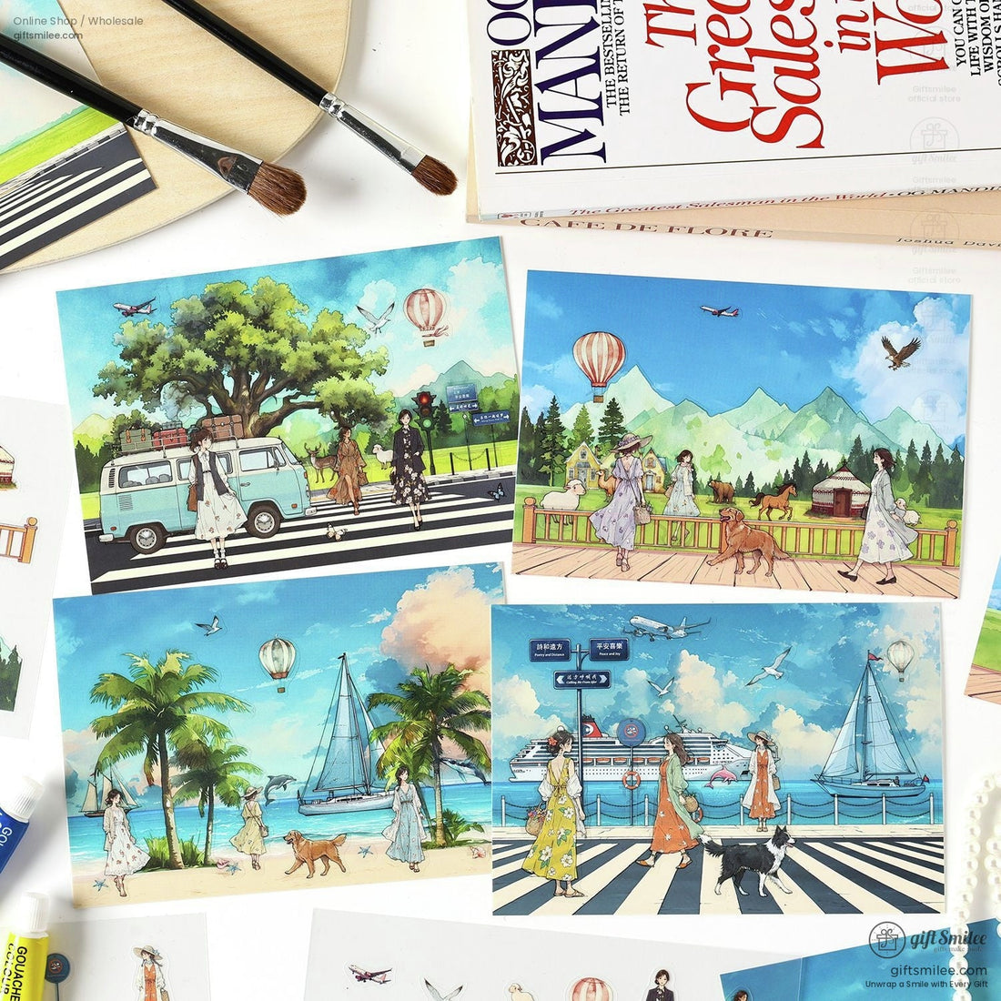 Travel-themed sticker set featuring coastal, mountain, and cruise designs with vibrant colors