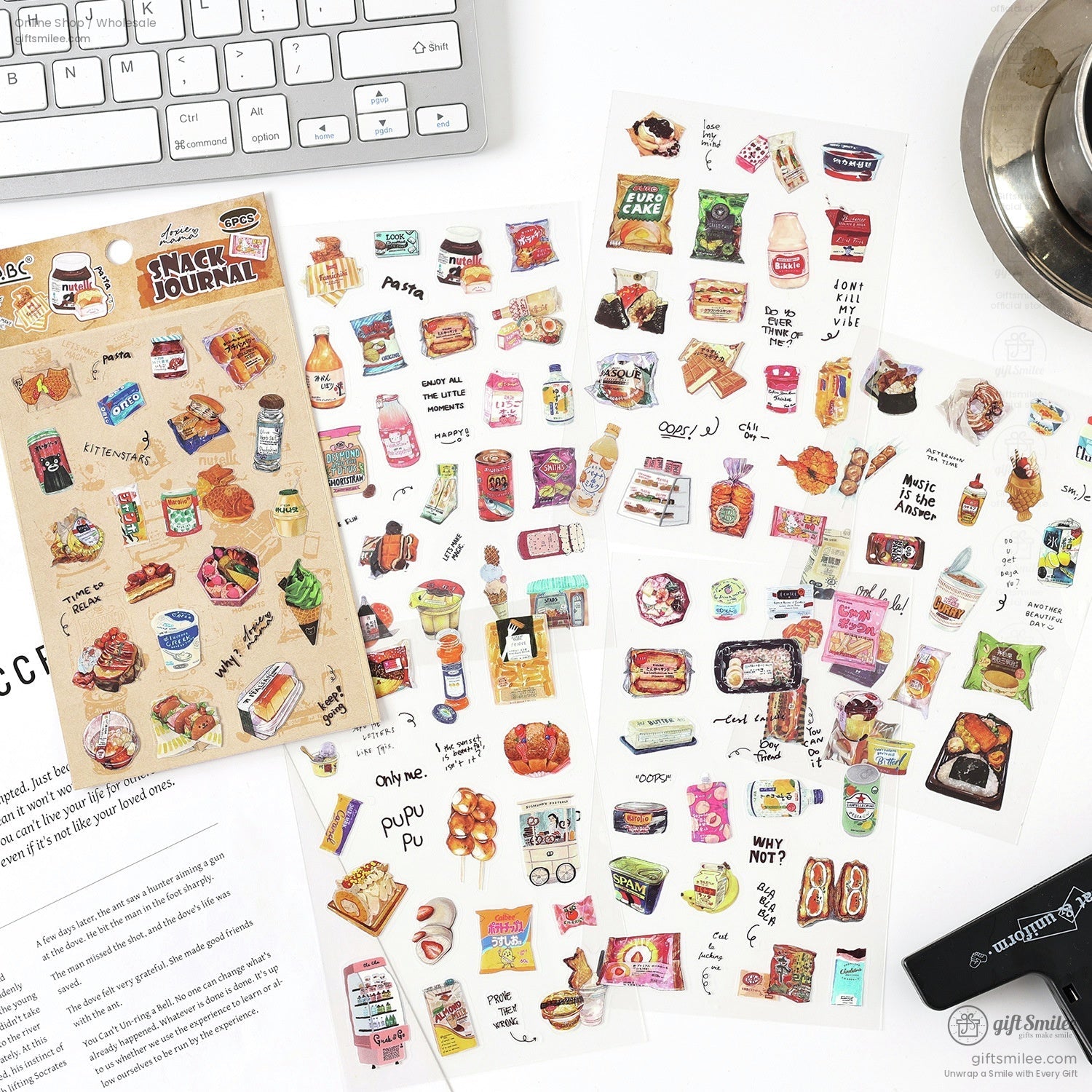 Close-up of snack-themed stickers with vibrant designs for scrapbooking