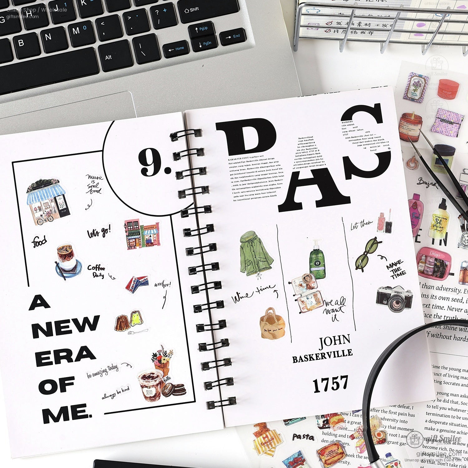 Open journal featuring retro aesthetic stickers for creative journaling