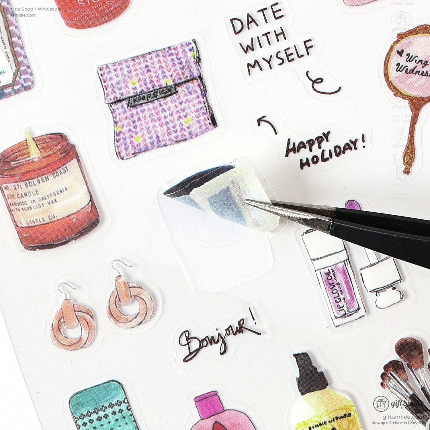 High-detail view of peelable clear stickers with vintage-inspired designs