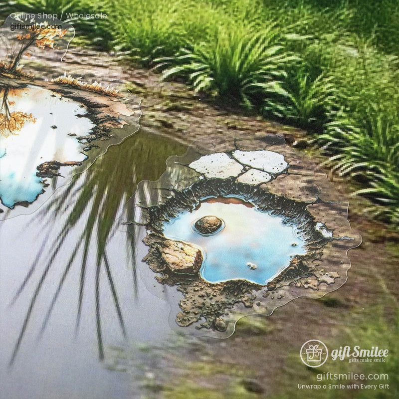 Cracked pavement puddle sticker with water reflections and rustic textures