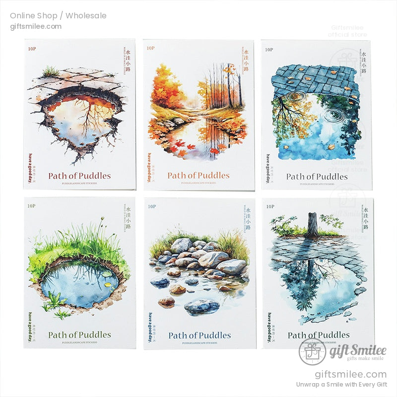 Set of six Path of Puddles sticker sheets with scenic nature designs