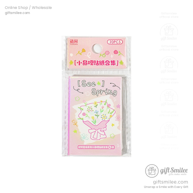 A single sheet of āSee Springā pastel floral stickers in attractive packaging