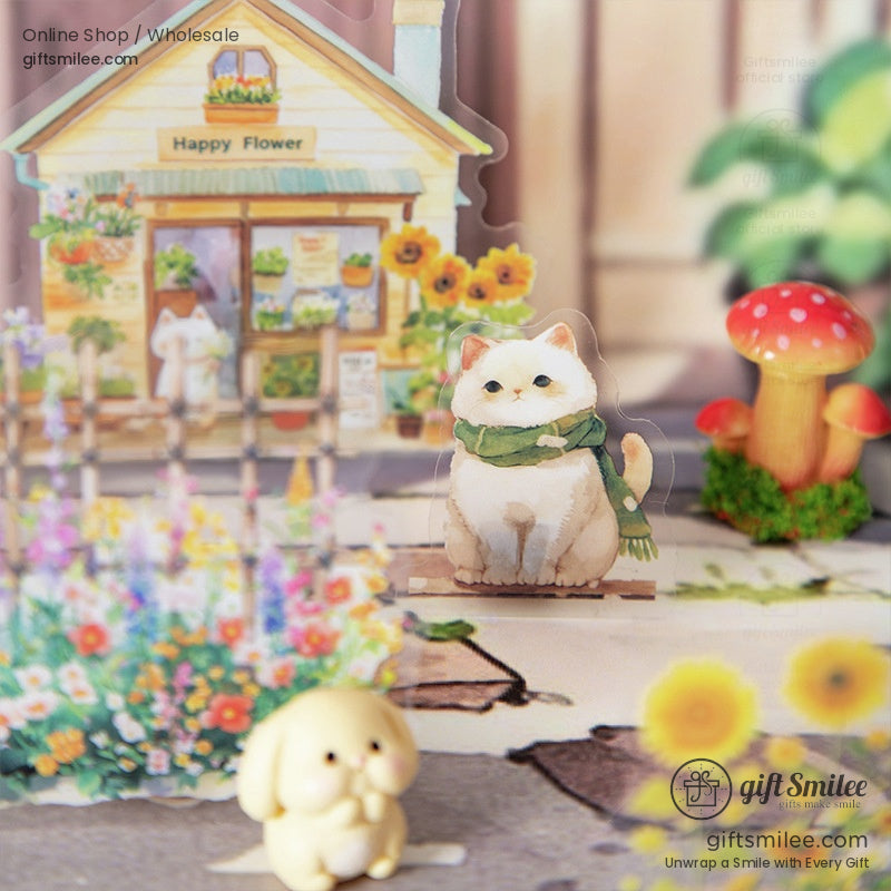 A whimsical scene of a cute cat with a watering can in a colorful street setting