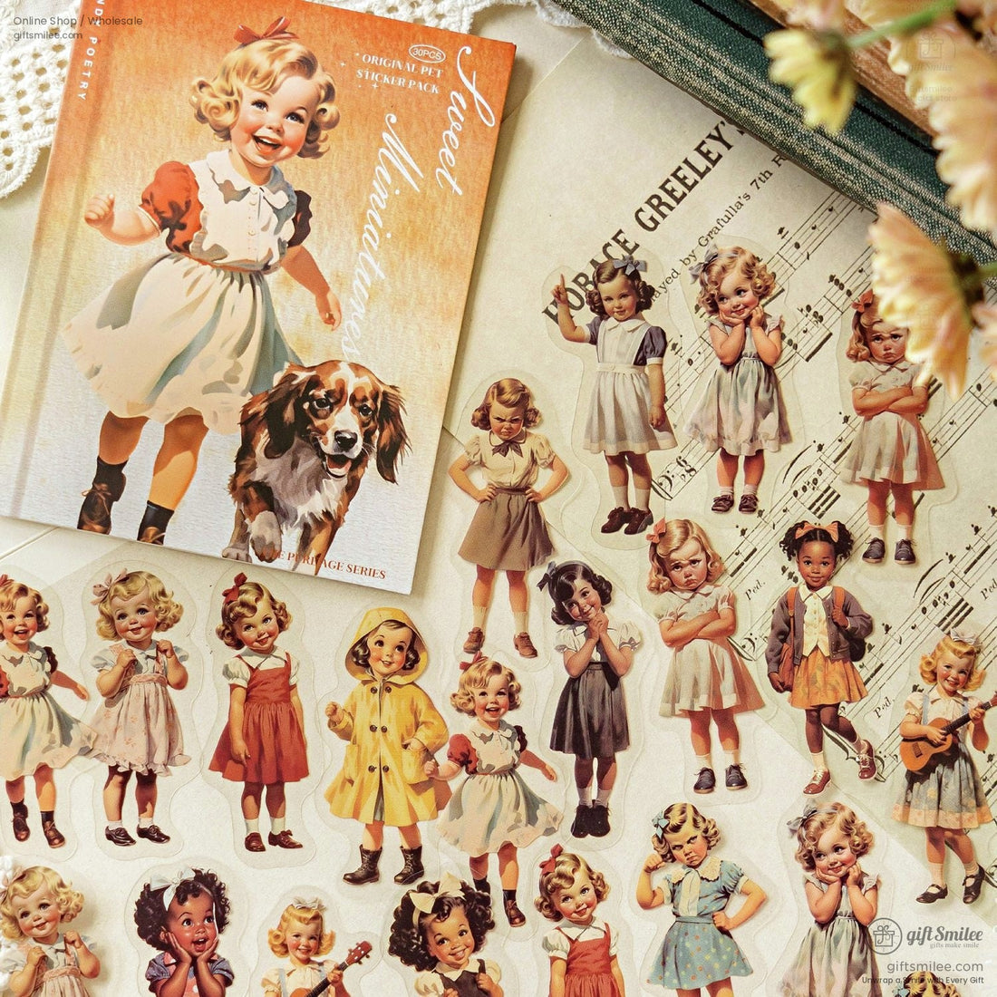 A set of vintage-inspired stickers featuring retro girls in pastel tones, ideal for scrapbooking and journaling