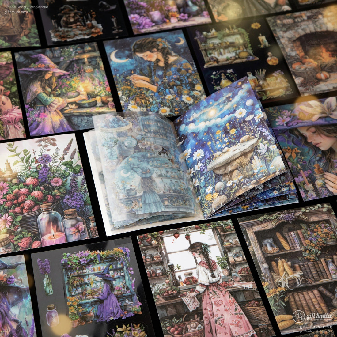 A whimsical sticker book featuring magical witchcraft designs, surrounded by celestial and botanical themes