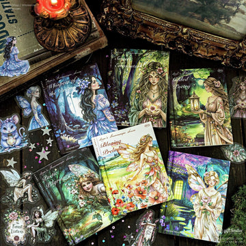 Fantasy fairy-themed illustrated notebooks and stickers arranged on a rustic table, perfect for journaling and scrapbooking.
