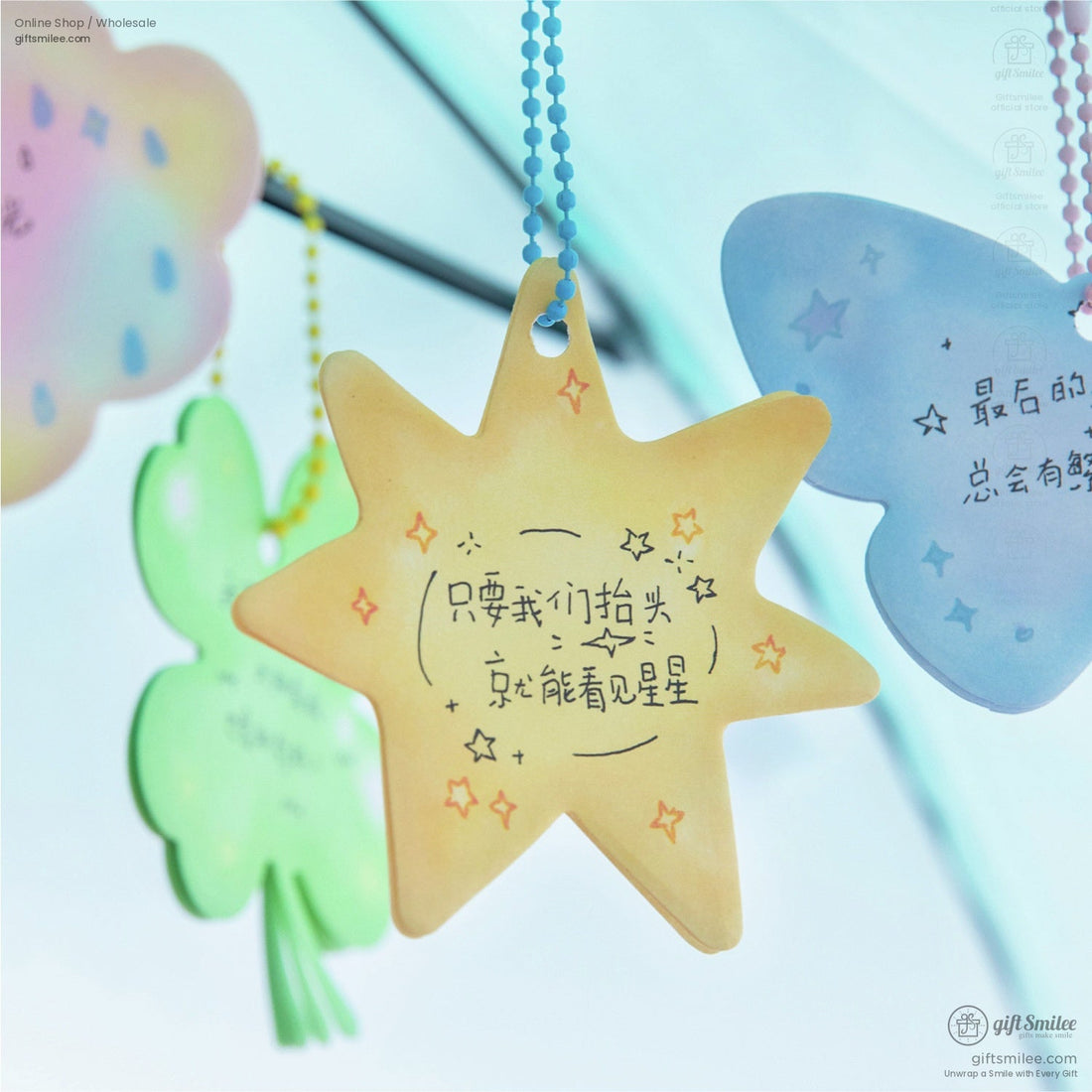 Dreamy pastel sticky notes featuring star, clover, cloud, and butterfly shapes in soft hues on a fluffy cloud background