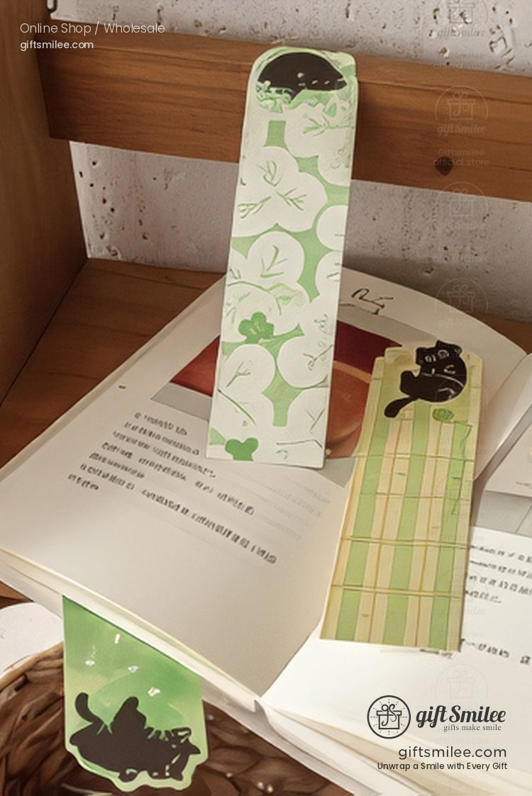 Cute black cat illustrated bookmarks on a book and blanket, floral and plaid designs – Giftsmilee Meow Flower Book series.