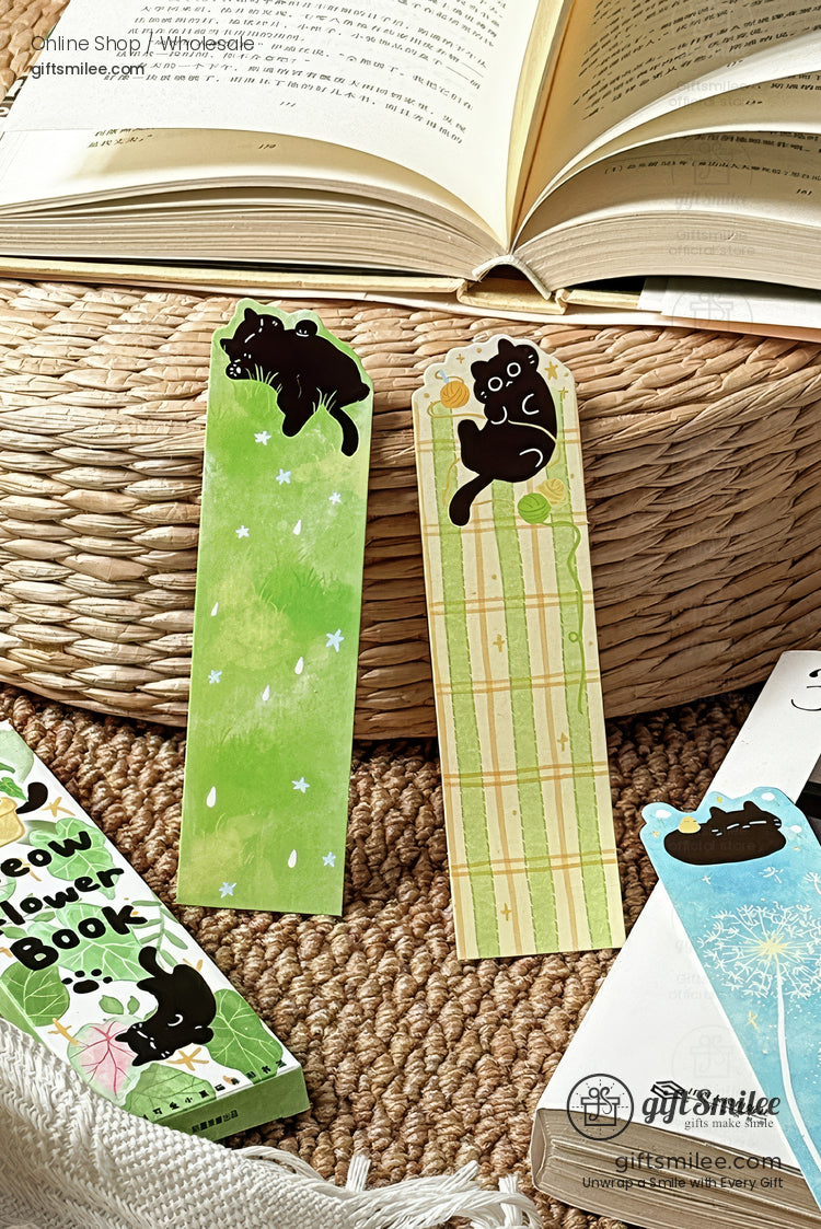 Cute black cat bookmark set on open book, green floral and plaid designs – Giftsmilee stationery