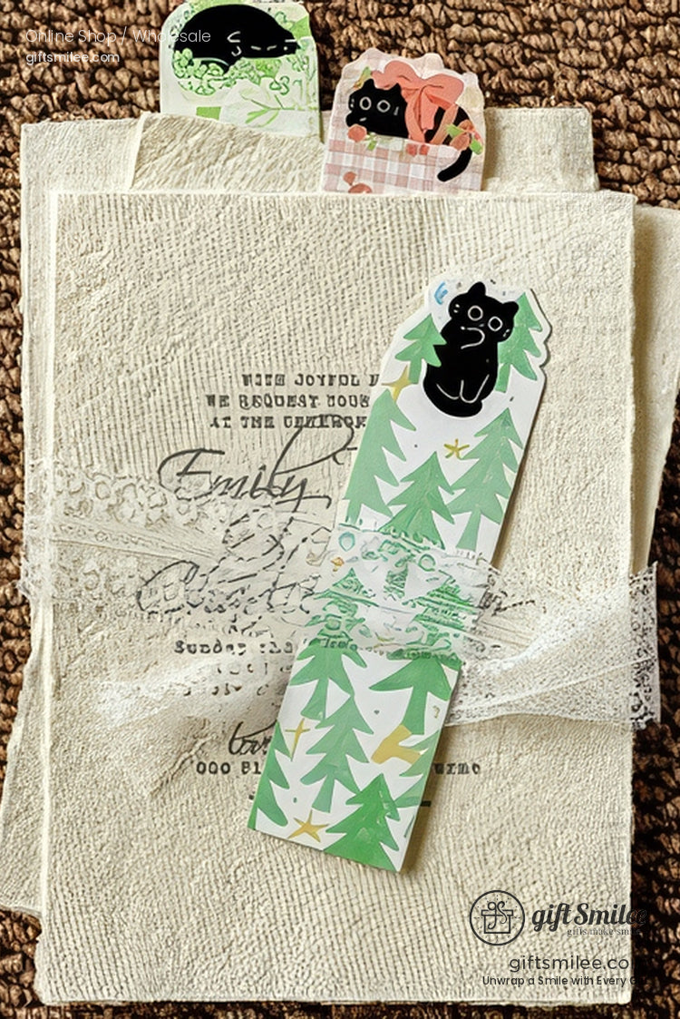 Cute black cat bookmark set on rustic wedding-style stationery