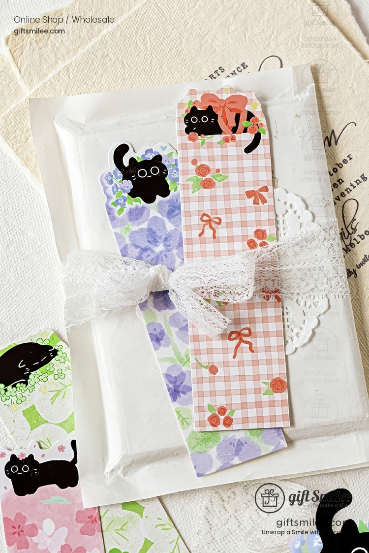 Cute black cat floral bookmarks wrapped with lace ribbon for gift packaging  