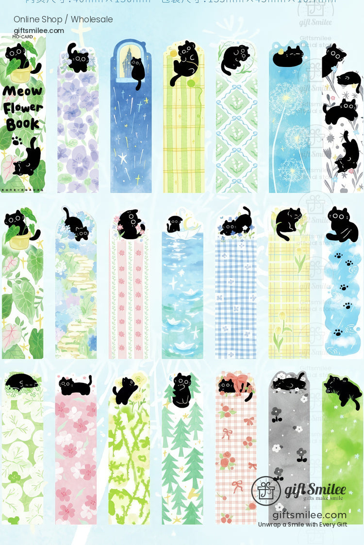 Cute black cat bookmark set with floral and pastel patterns – Meow Flower Book collection  
