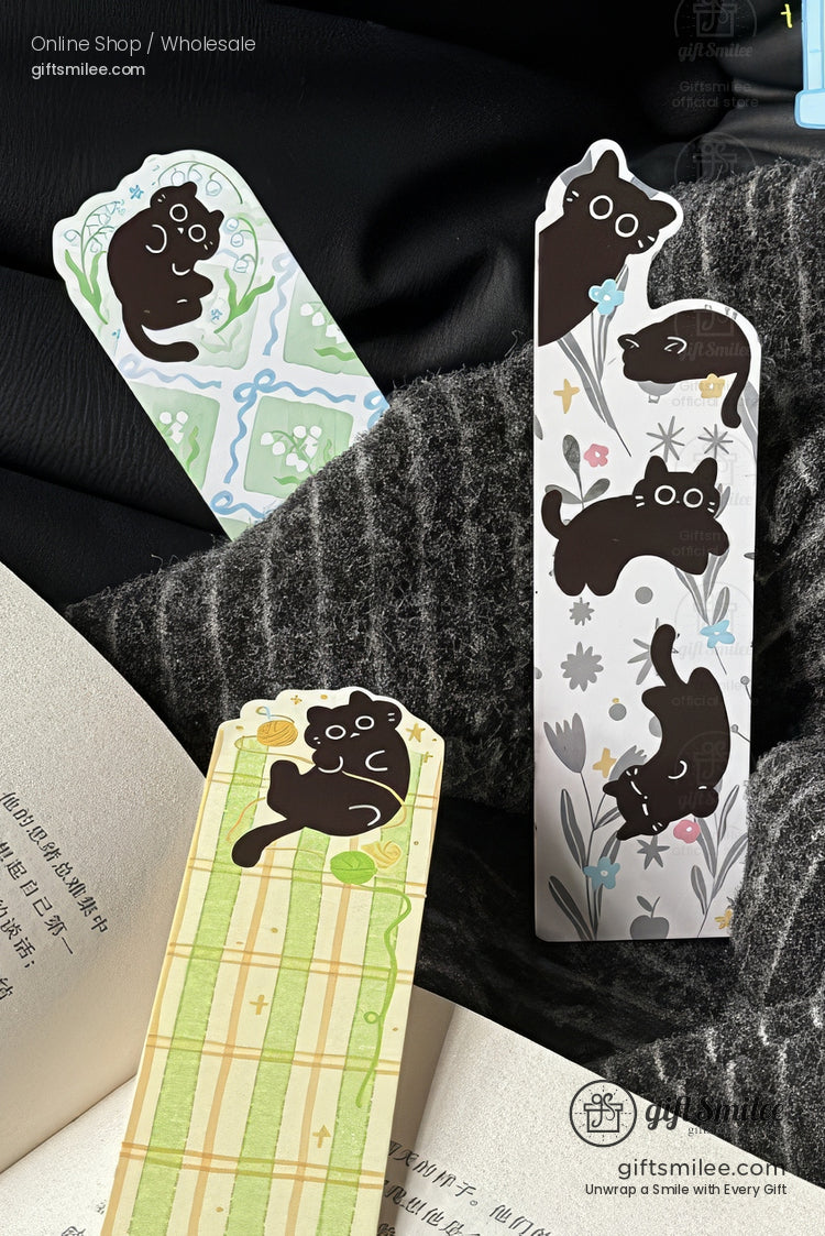 Die-Cut Matte Cardstock Black Cat Floral Illustrations Bookmarks | KS-BM-117
