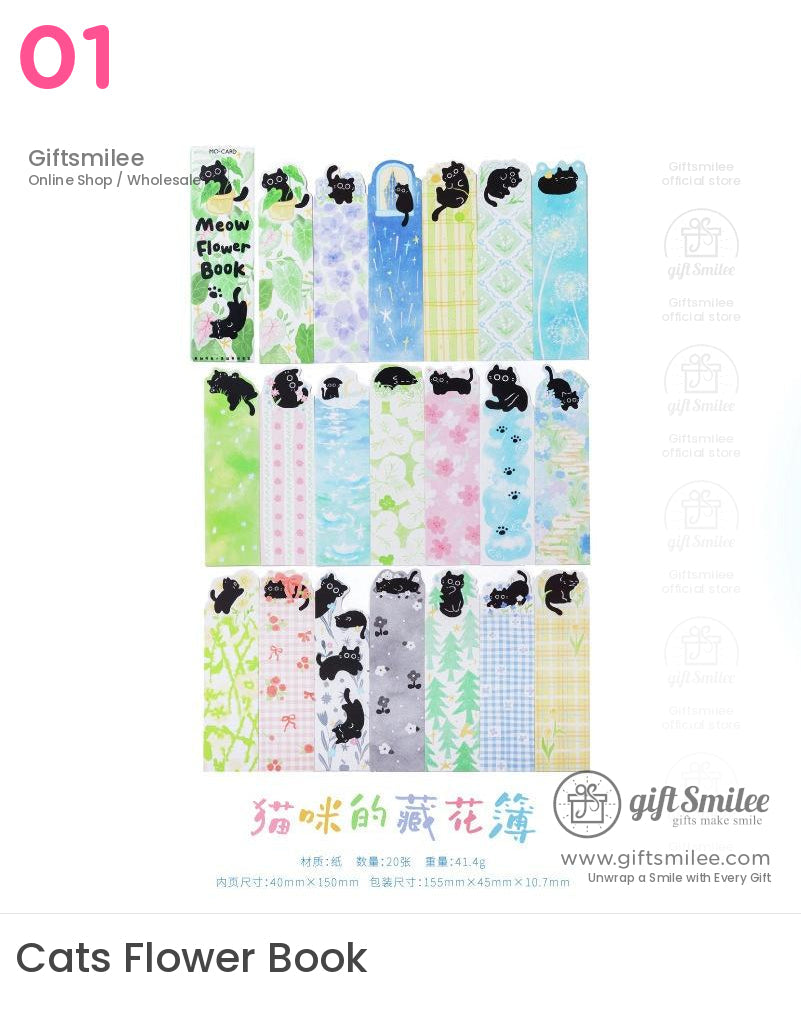 Cute black cat floral bookmark set – “Cats Flower Book” pastel sticky page markers by GiftSmilee, 20-pack.