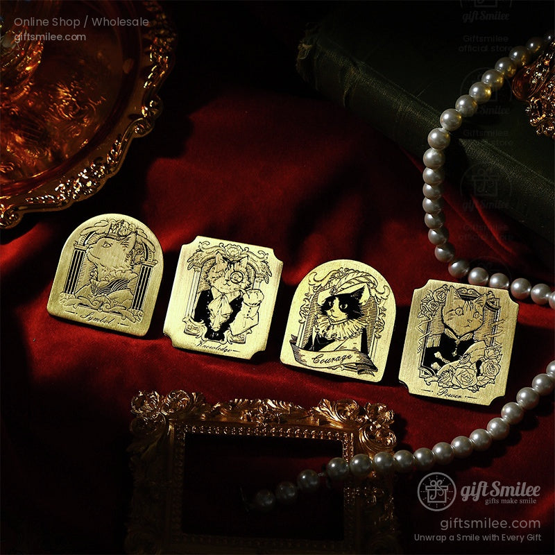 Antique Brass-Tone Zinc Alloy Engraved Noble Cat Motifs Metal Bookmark Clips | KS-BM-118