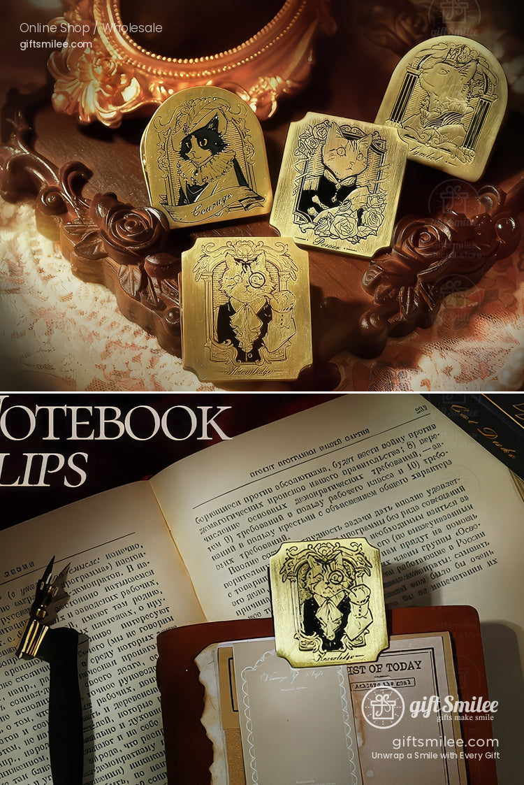 Antique Brass-Tone Zinc Alloy Engraved Noble Cat Motifs Metal Bookmark Clips | KS-BM-118