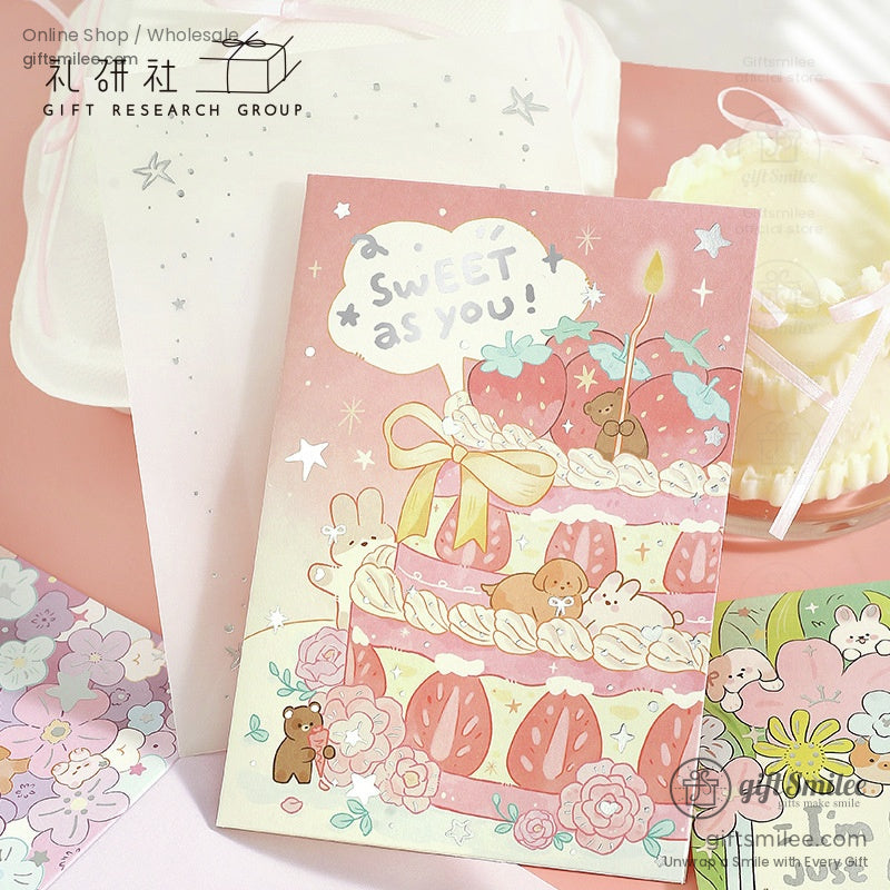 Set of pastel greeting cards with floral patterns cute animal illustrations and cheerful handwritten messages