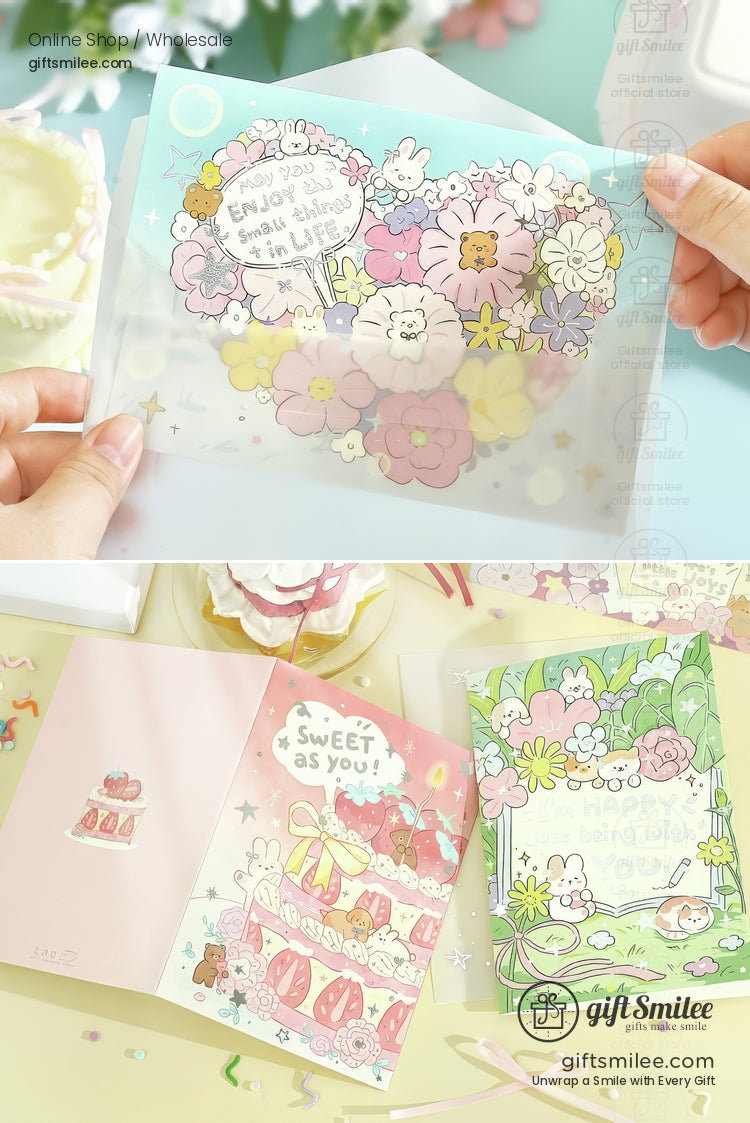 Pastel floral greeting cards with transparent envelope bunny and cake illustrations soft pink and green accents