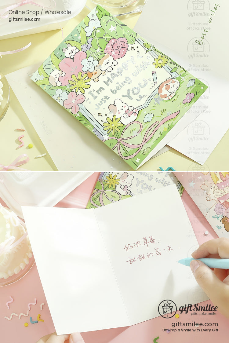 Pastel green greeting card with floral and bunny illustrations colorful text and blank interior for personalized messages