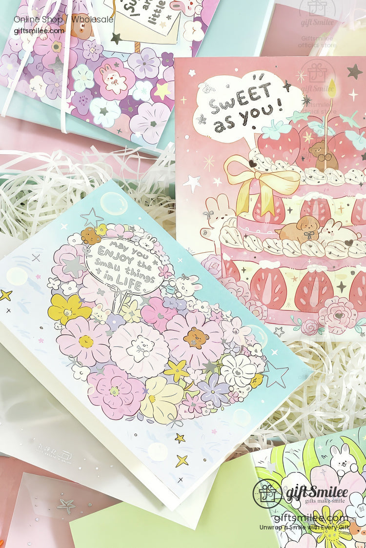 Pastelcolored greeting cards with floral patterns whimsical bunny illustrations and playful handwritten text