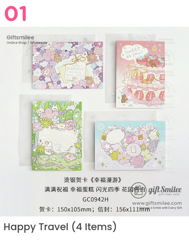 Set of pastel greeting cards with floral patterns cute bunny illustrations and whimsical designs in pink green and blue