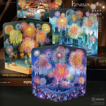 Multilayered popup cards with vibrant fireworks in pastel shades illuminating cityscapes beaches and ferris wheels