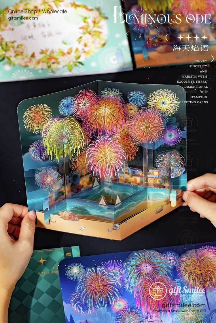 Vibrant 3D popup card showcasing colorful fireworks over a serene coastal scene with intricate details and spot embossing