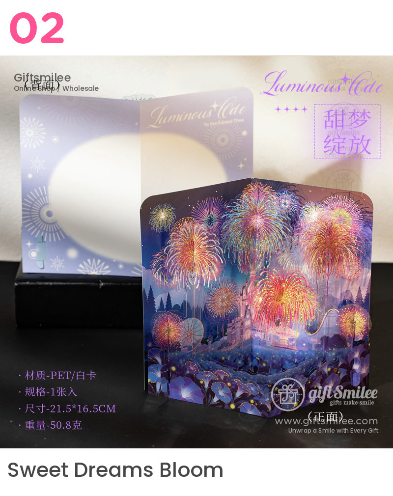 Vibrant floralthemed 3D card with colorful exploding fireworks a glowing castle and scenic night sky details