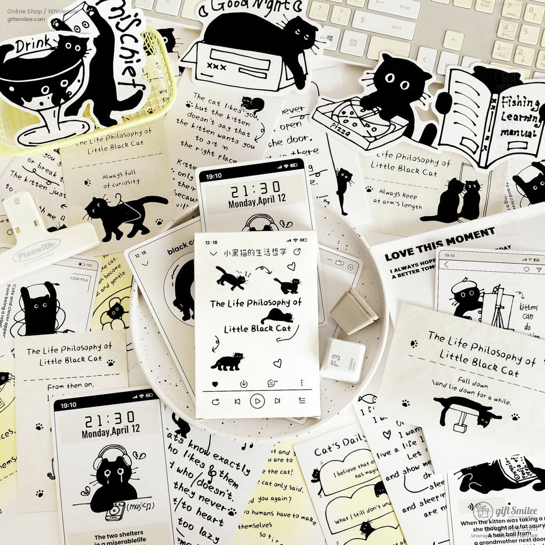 Matte Black‑And‑White Cat Illustrations Thick Cardstock Assorted Die‑Cut Rectangular 4C Printing Postcard Set | KS-CC-273