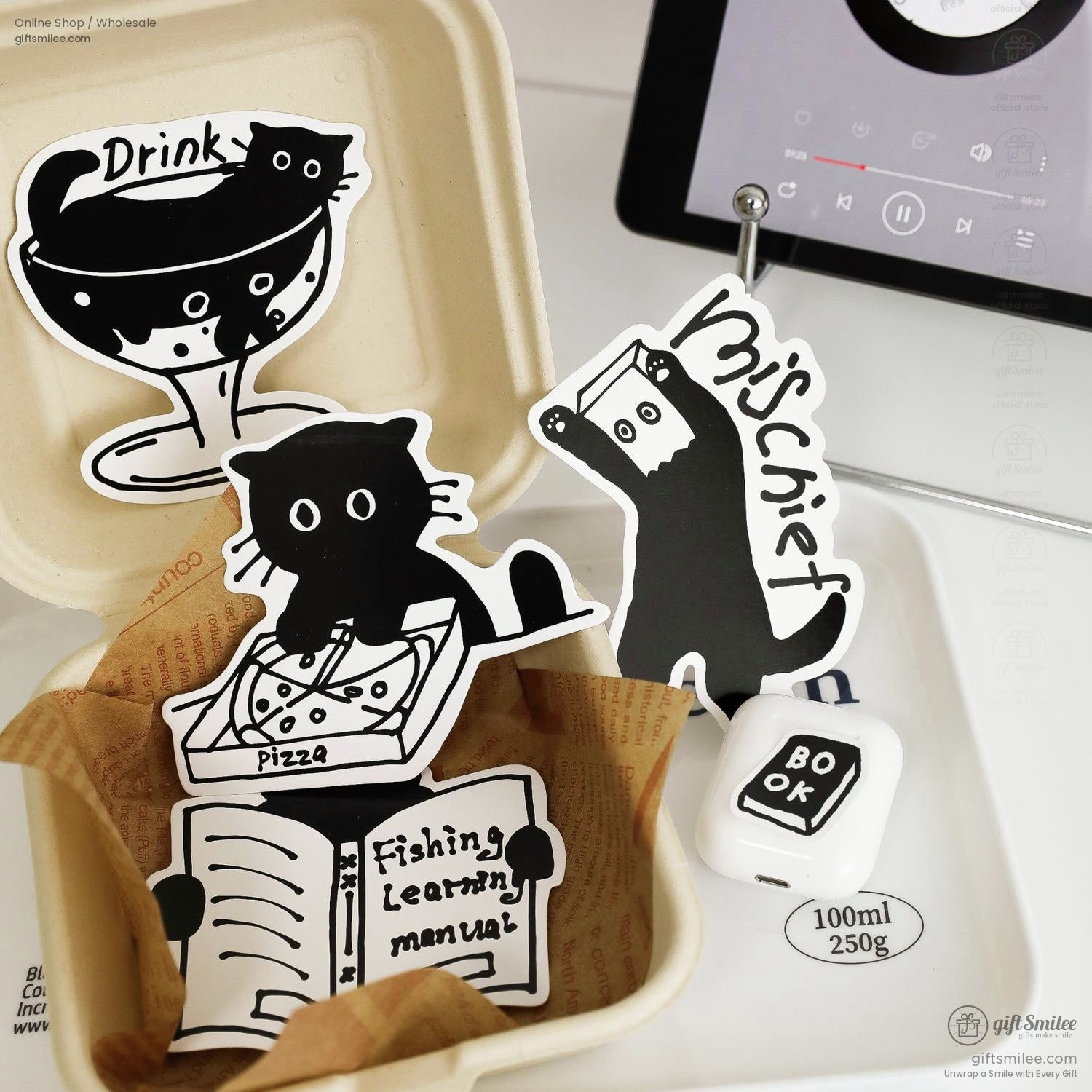 Matte Black‑And‑White Cat Illustrations Thick Cardstock Assorted Die‑Cut Rectangular 4C Printing Postcard Set | KS-CC-273