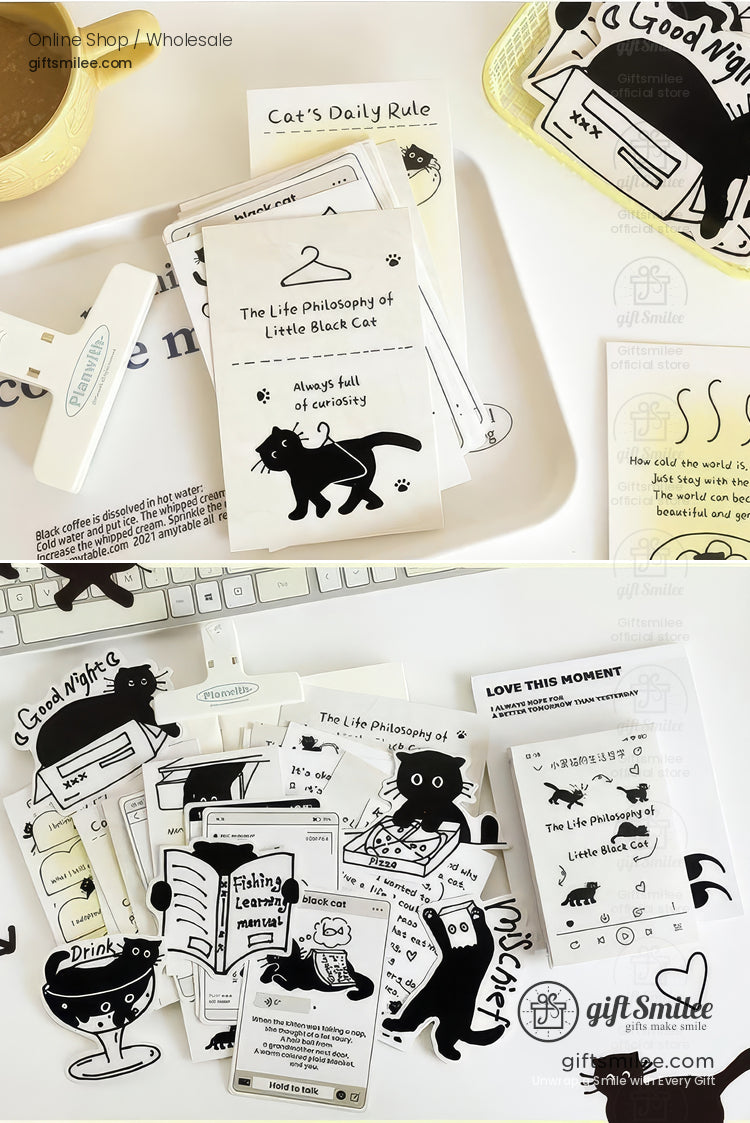 Matte Black‑And‑White Cat Illustrations Thick Cardstock Assorted Die‑Cut Rectangular 4C Printing Postcard Set | KS-CC-273